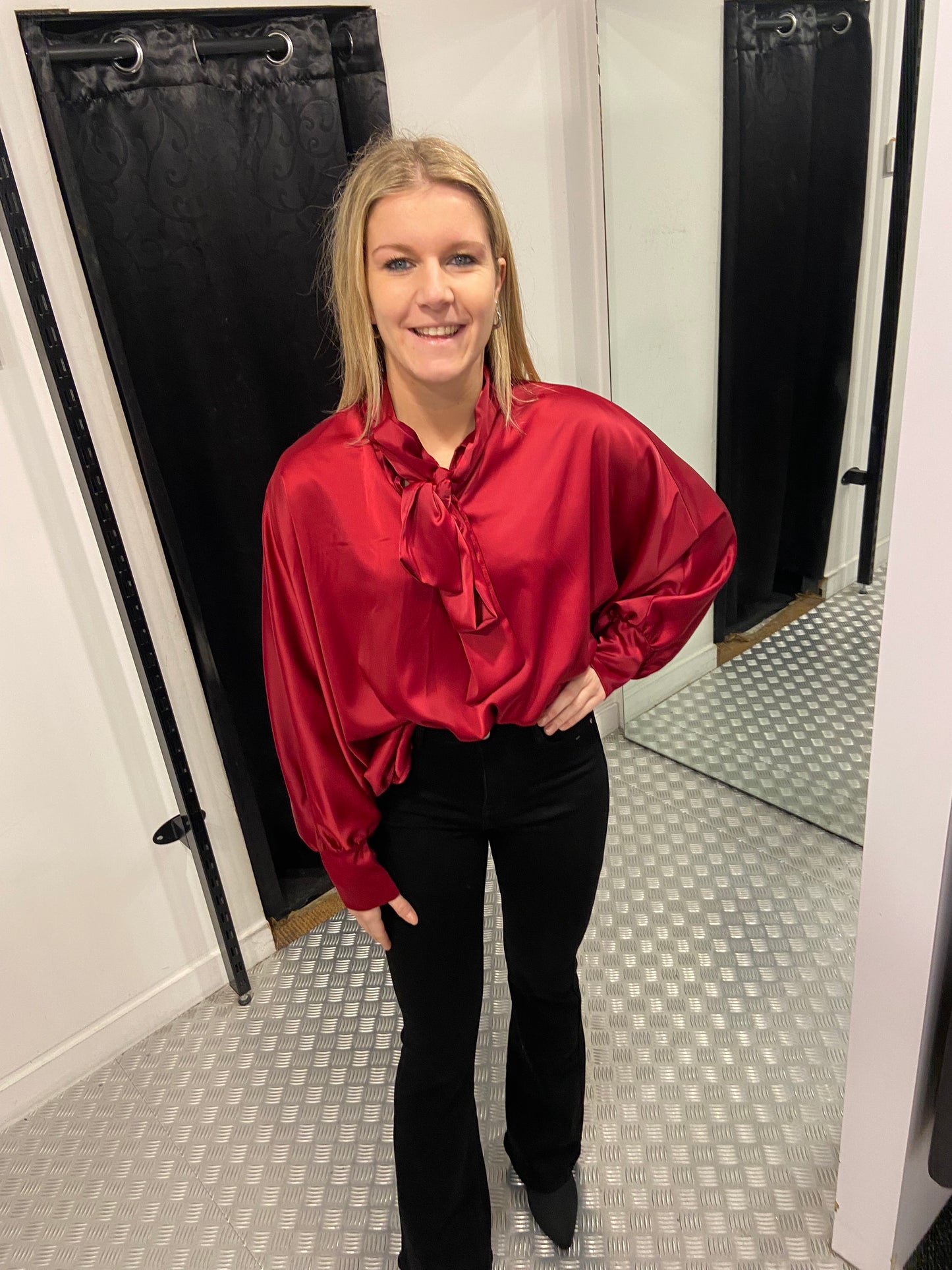 Red bow tie blouse