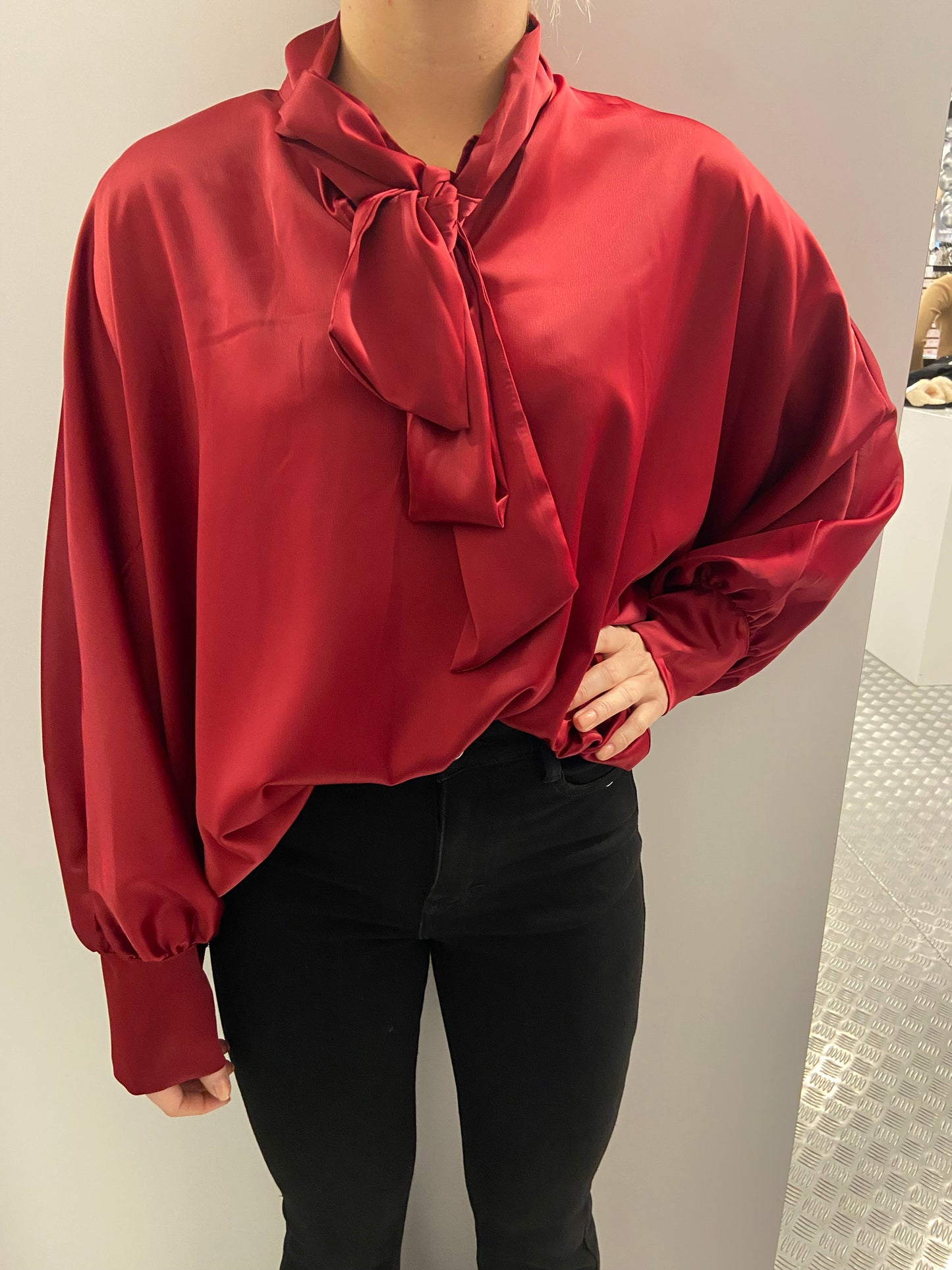 Red bow tie blouse